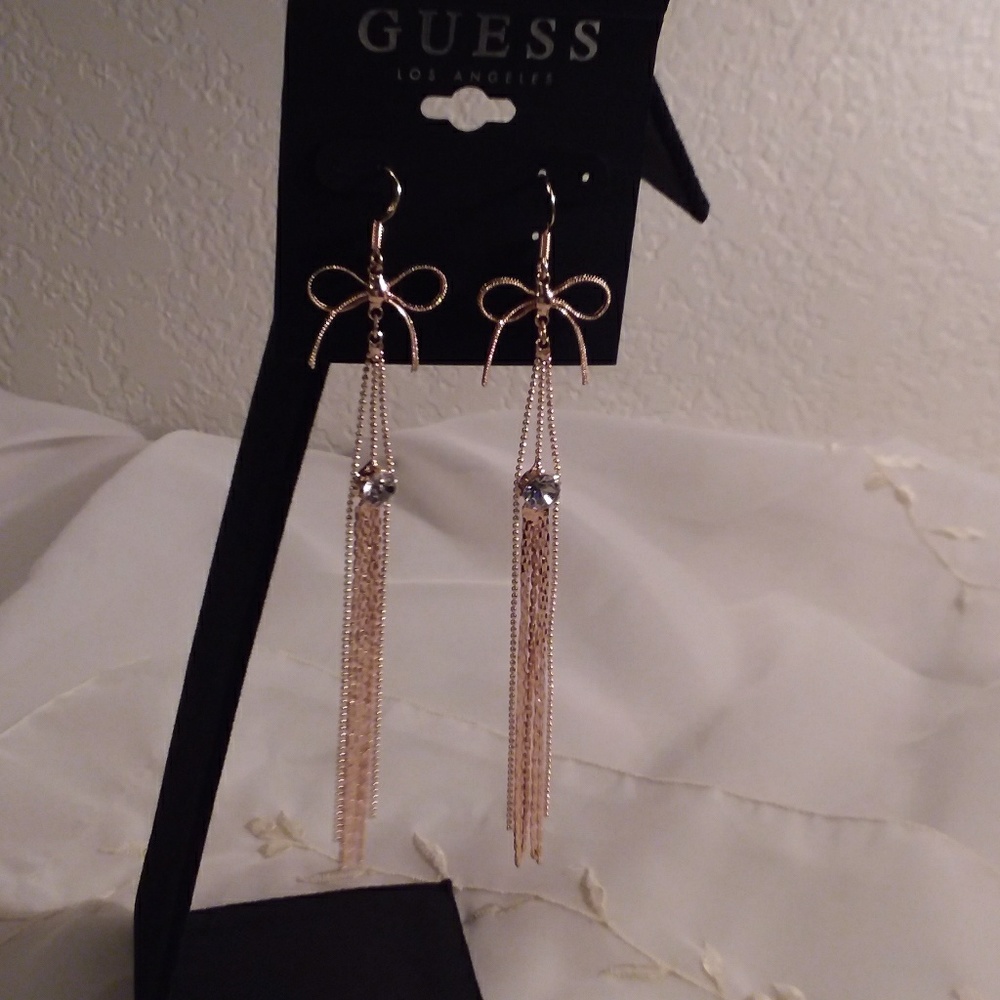 Guess Gold Pink Tone Dangle Bow Tie Earrings